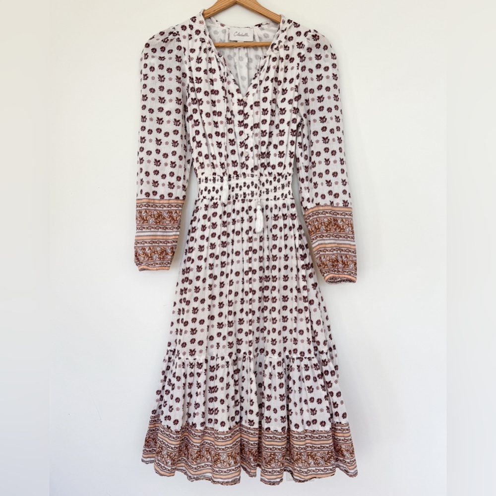 Cleobella Floral Boho Midi Dress XS Cream Brown Belted Long Sleeve Tassel